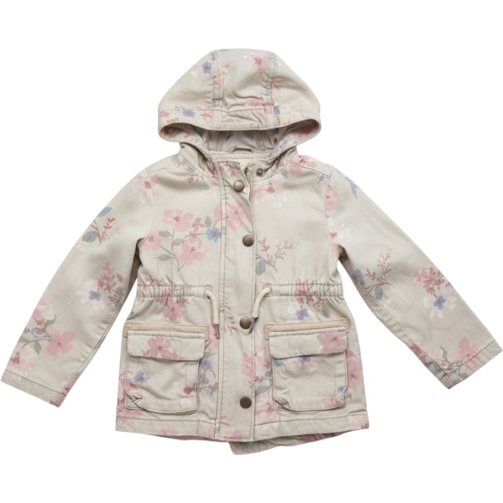 OshKosh Bgosh Girls 2T Floral Hooded Utility Jacket Khaki Pink Twill Coat